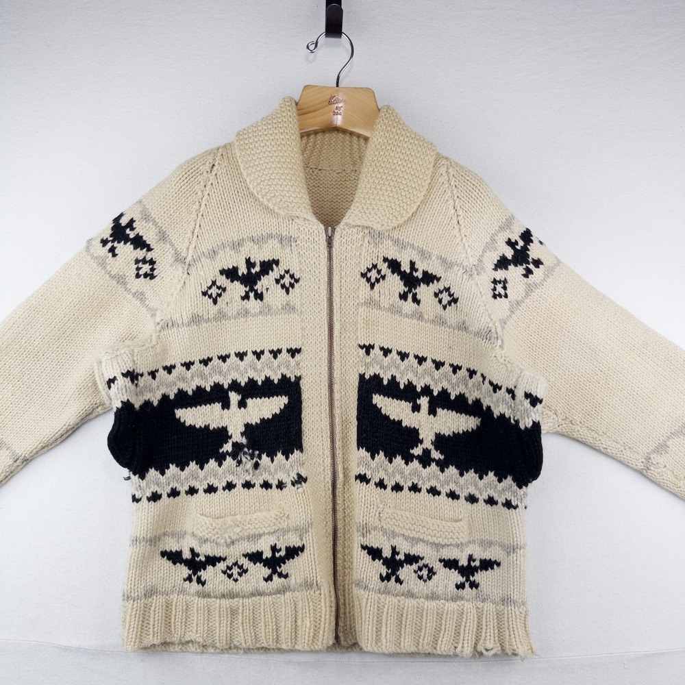 60's Vtg Cowichan Hand Knit Thunderbird Wool Cardigan Sweater Men's Large *Read - Picture 4 of 16